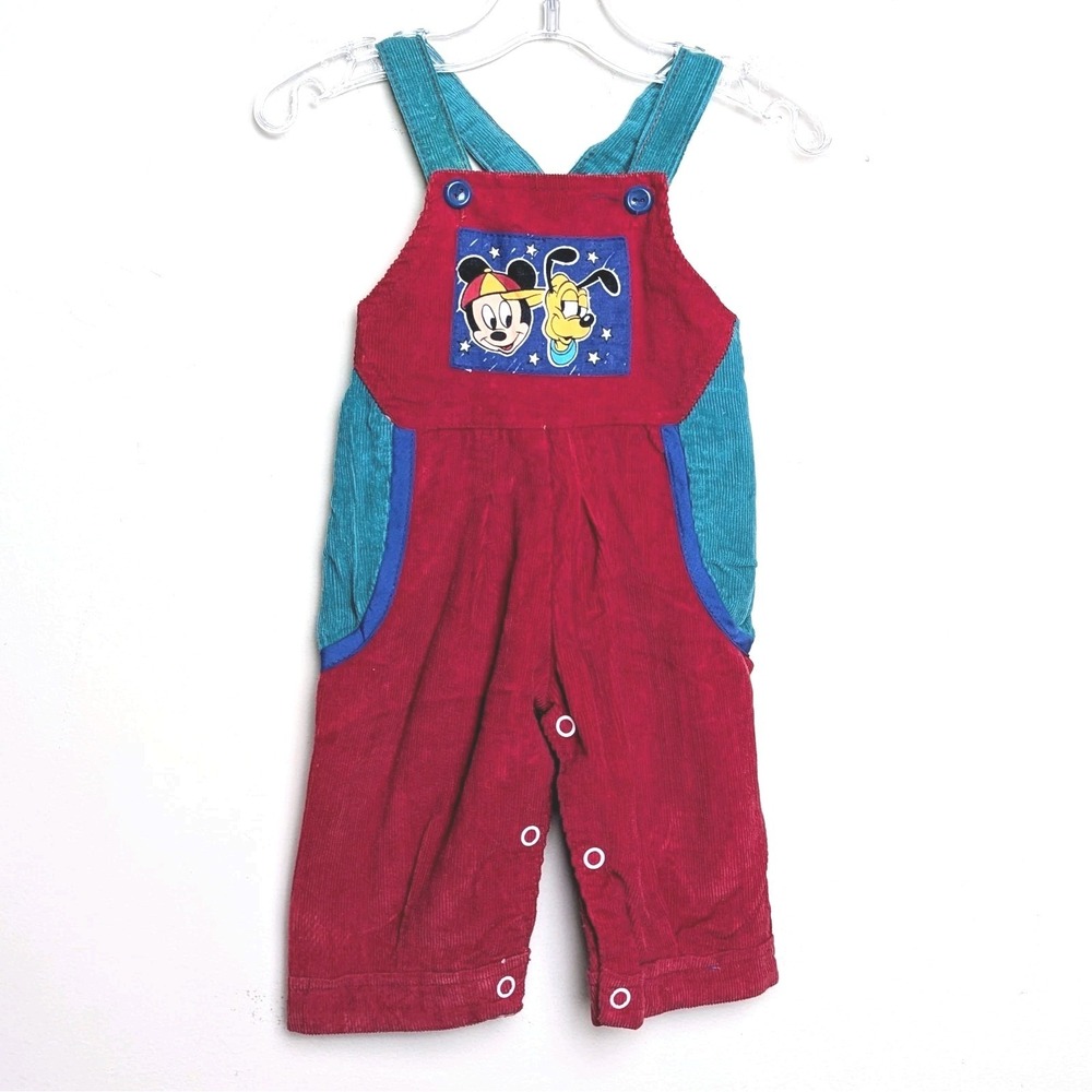 Vintage Mickey Mouse Pluto Colorblock Corduroy Overalls 80s Baby 3-6 Months